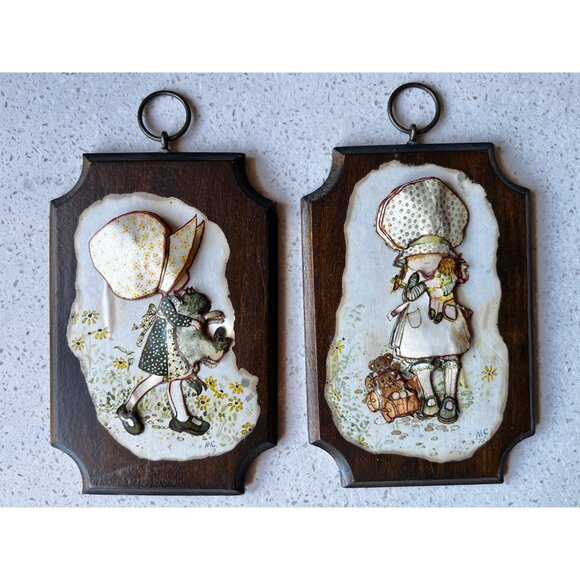 Vintage Holly Hobbie Wooden Wall Plaques With Ring Mounts - Picture 1 of 11